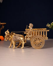 Pure Brass Indian Villager Bullock Cart – Traditional Showpiece & Gift 11" wide.