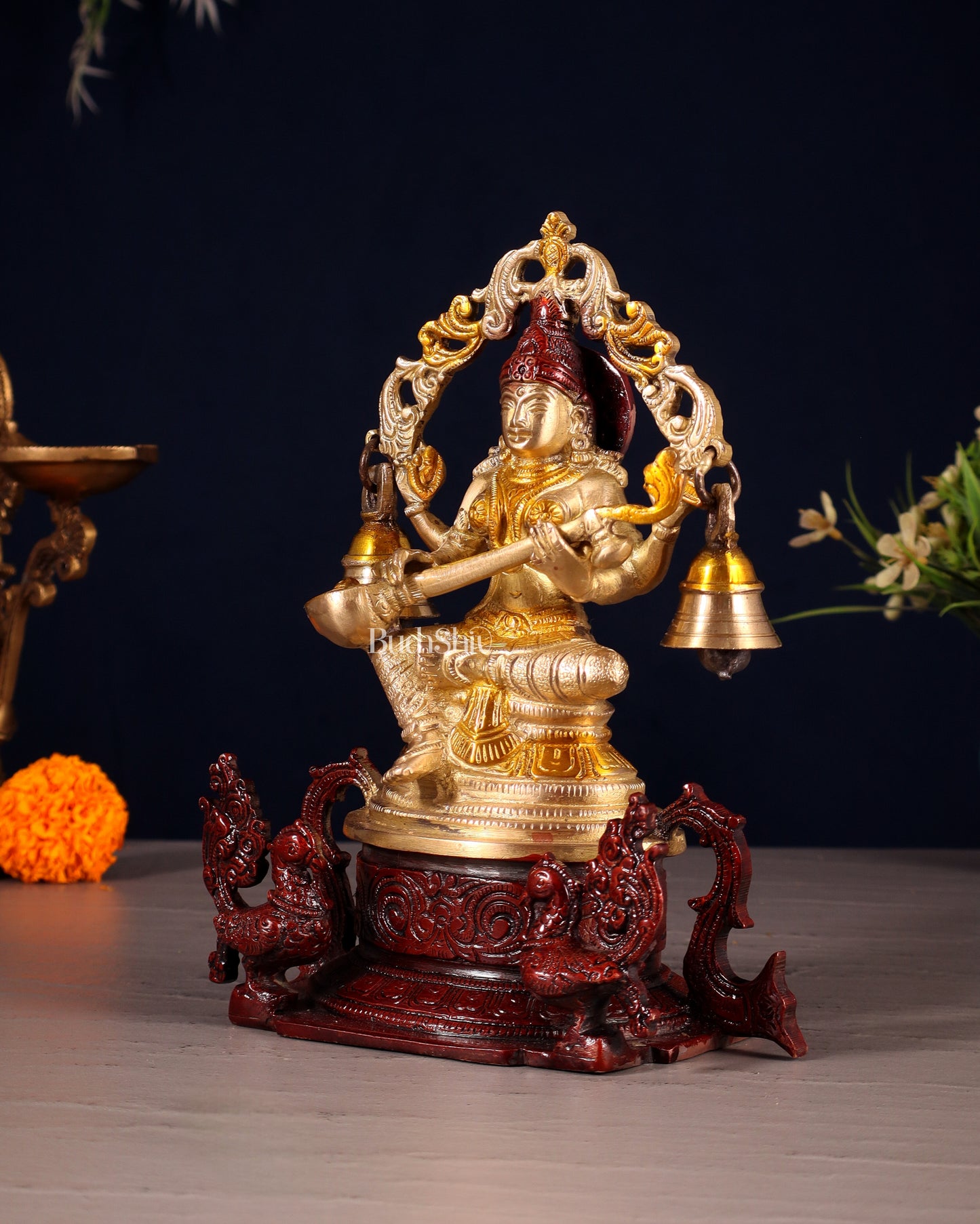 Pure Brass Goddess Saraswati Idol with Prabhavali, Peacock Vahan & Hanging Bells 8"