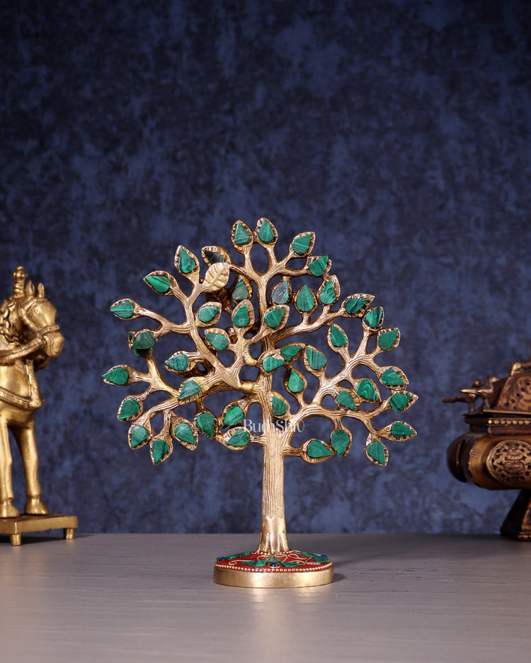 Pure Brass Kalpavriksha Tree with Stone Inlay – Table Decor Accent 7"