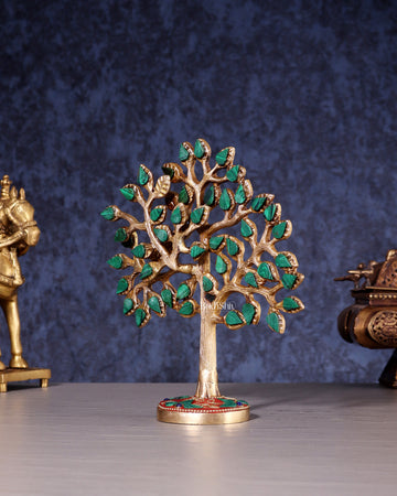 Pure Brass Kalpavriksha Tree with Stone Inlay – Table Decor Accent 7"