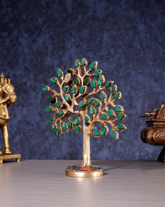 Pure Brass Kalpavriksha Tree with Stone Inlay – Table Decor Accent 7"
