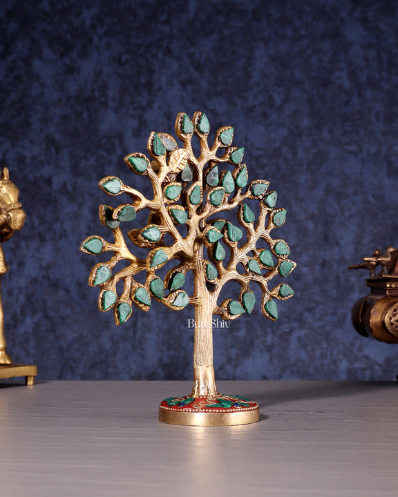 Pure Brass Kalpavriksha Tree with Stone Inlay – Table Decor Accent 7"