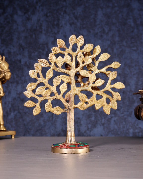 Pure Brass Kalpavriksha Tree with Stone Inlay – Table Decor Accent 7"