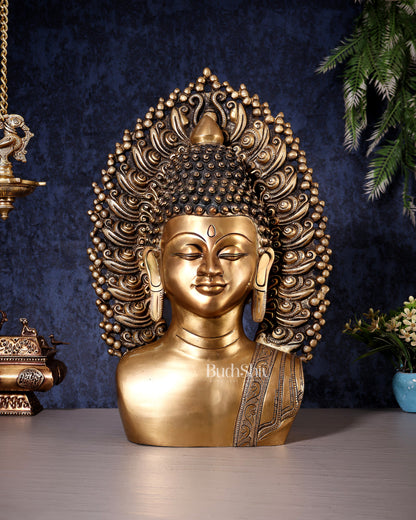 Pure Brass Large Buddha Bust Face Sculpture with Aureole Arch – 18.2" Height