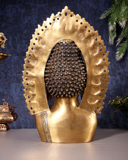 Pure Brass Large Buddha Bust Face Sculpture with Aureole Arch – 18.2" Height