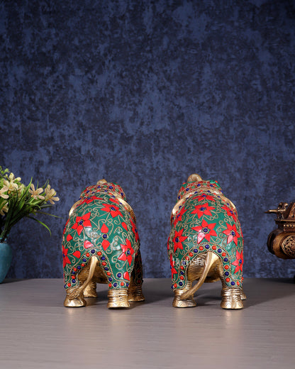 Brass Elephant Statue with Floral Stonework 7" pair