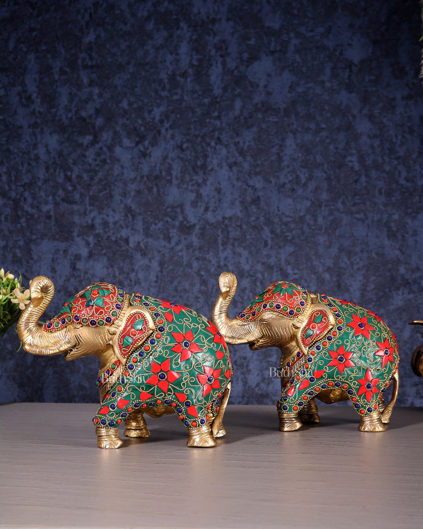Brass Elephant Statue with Floral Stonework 7" pair