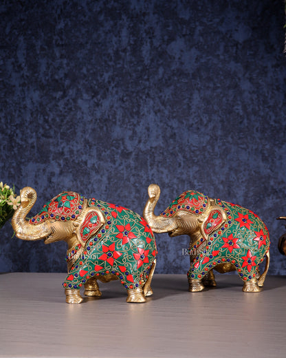 Brass Elephant Statue with Floral Stonework 7" pair