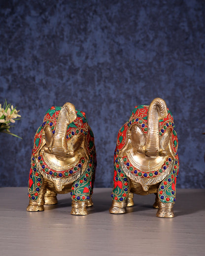 Brass Elephant Statue with Floral Stonework 7" pair