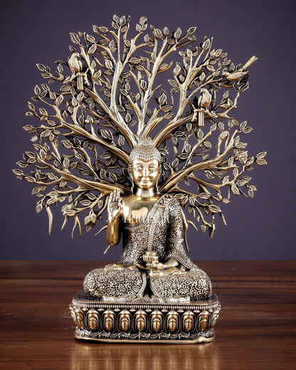 Intricate Superfine Brass Lord Buddha with Bodhi Tree Idol 6.5"