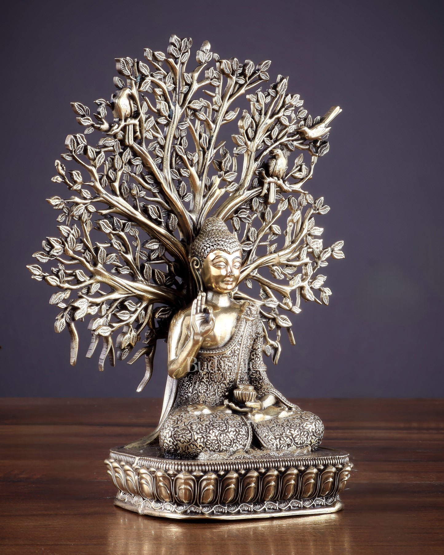 Intricate Superfine Brass Lord Buddha with Bodhi Tree Idol 6.5"