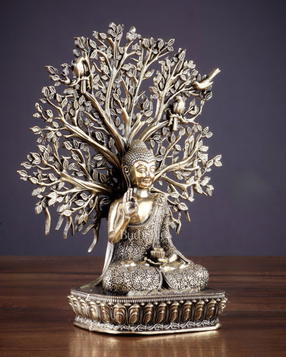 Intricate Superfine Brass Lord Buddha with Bodhi Tree Idol 6.5"