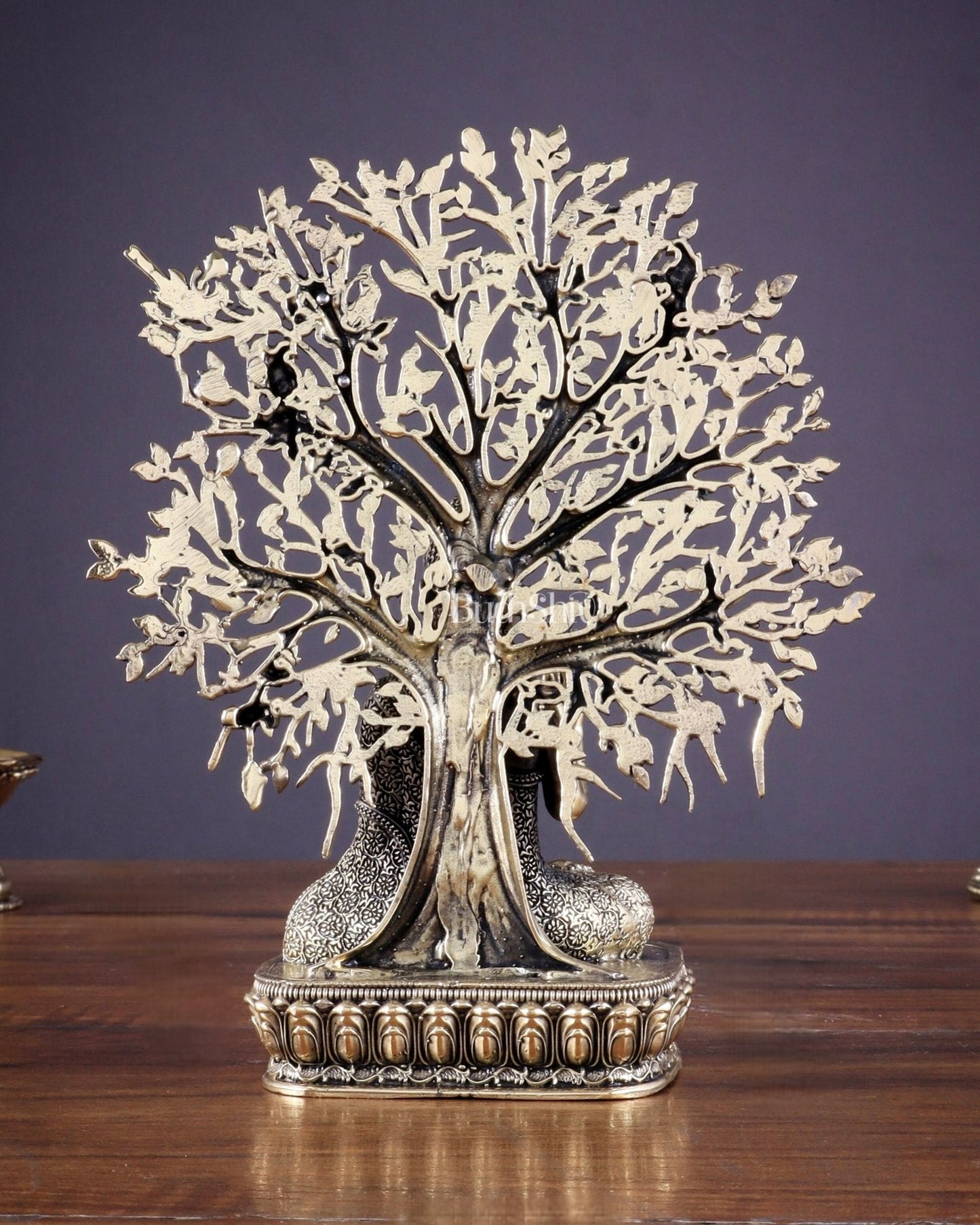 Intricate Superfine Brass Lord Buddha with Bodhi Tree Idol 6.5"