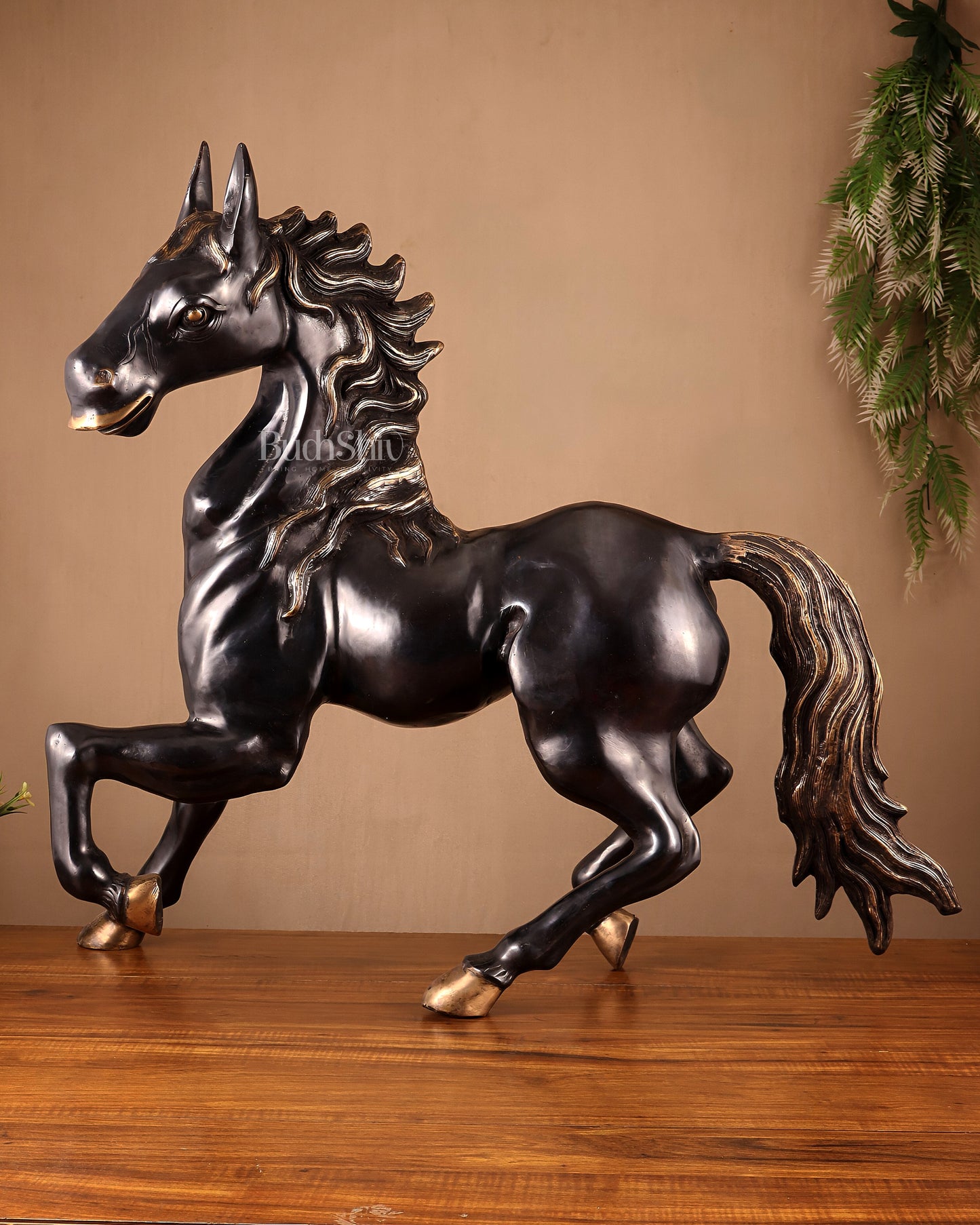 Large Brass Galloping Horse Showpiece Black Tone Finish 30"