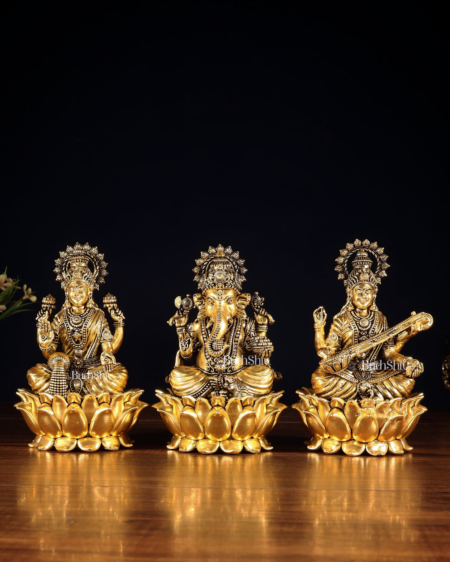 Superfine Brass Ganesh Lakshmi Saraswati Set | 6" (15.24 cm) Lotus Idols – Gold Finish