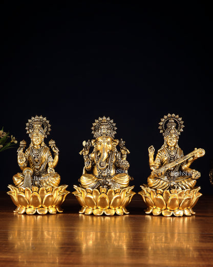 Superfine Brass Ganesh Lakshmi Saraswati Set | 6" (15.24 cm) Lotus Idols – Gold Finish
