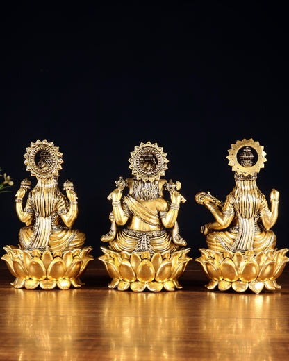 Superfine Brass Ganesh Lakshmi Saraswati Set | 6" (15.24 cm) Lotus Idols – Gold Finish