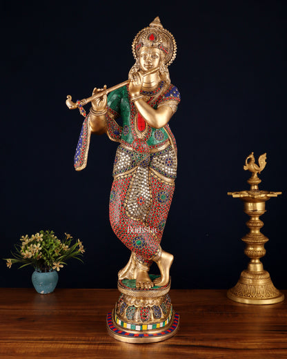 Brass Superfine Lord Krishna Sculpture - 26.5" stonework