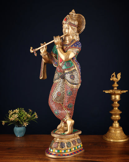 Brass Superfine Lord Krishna Sculpture - 26.5" stonework