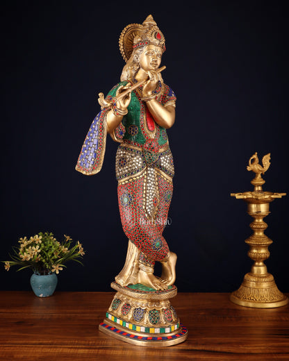 Brass Superfine Lord Krishna Sculpture - 26.5" stonework