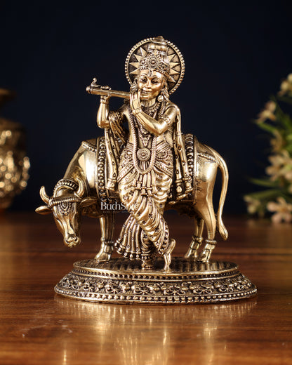 Brass Superfine Lord Krishna with Cow Idol – Intricately Crafted