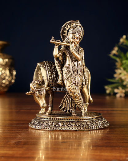 Brass Superfine Lord Krishna with Cow Idol – Intricately Crafted