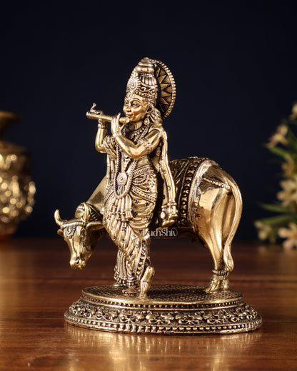 Brass Superfine Lord Krishna with Cow Idol – Intricately Crafted