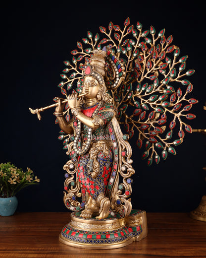 Pure Brass Lord Krishna with Kalpavriksha tree Statue 23"