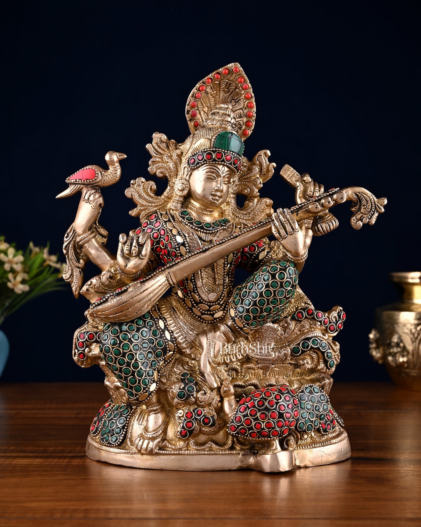 Saraswati brass idol 11 inches multi colour stonework