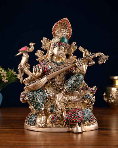 Saraswati brass idol 11 inches multi colour stonework