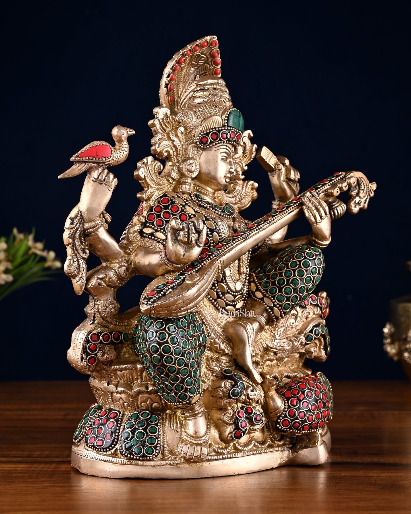 Saraswati brass idol 11 inches multi colour stonework