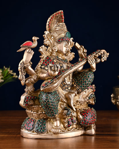 Saraswati brass idol 11 inches multi colour stonework