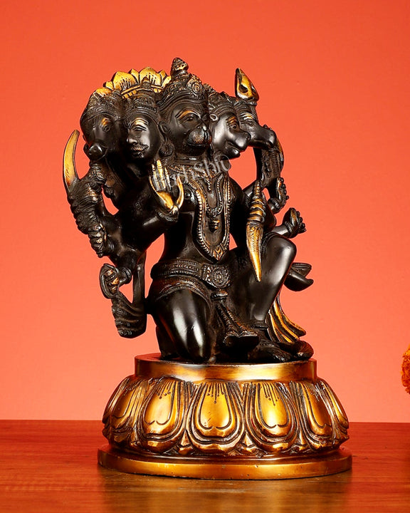 Brass Superfine Panchmukhi Hanuman Idol – Five-Faced Form in Black & Gold Finish 13"