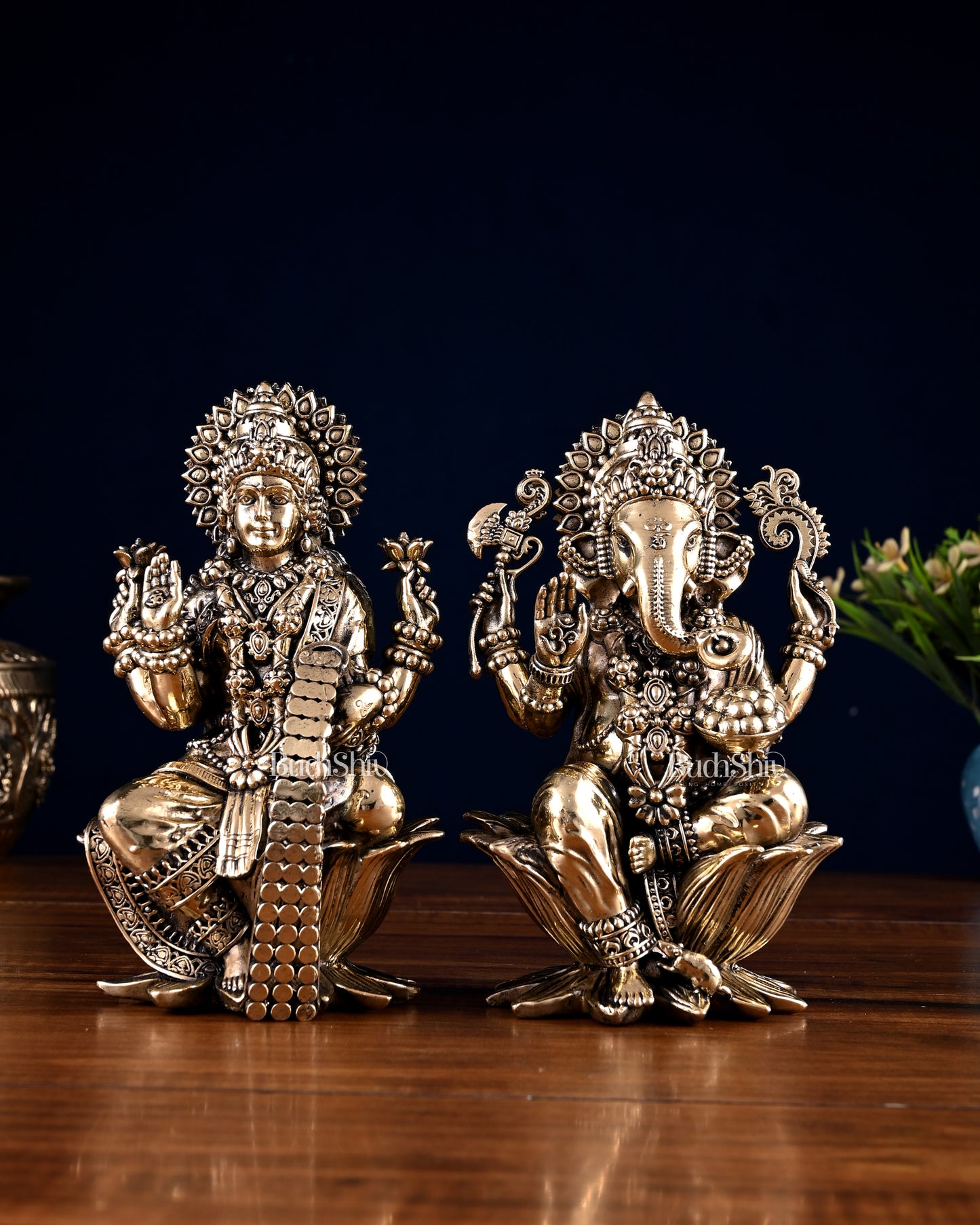 Brass Superfine Ganesha Lakshmi Idol Pair – 7 Inch