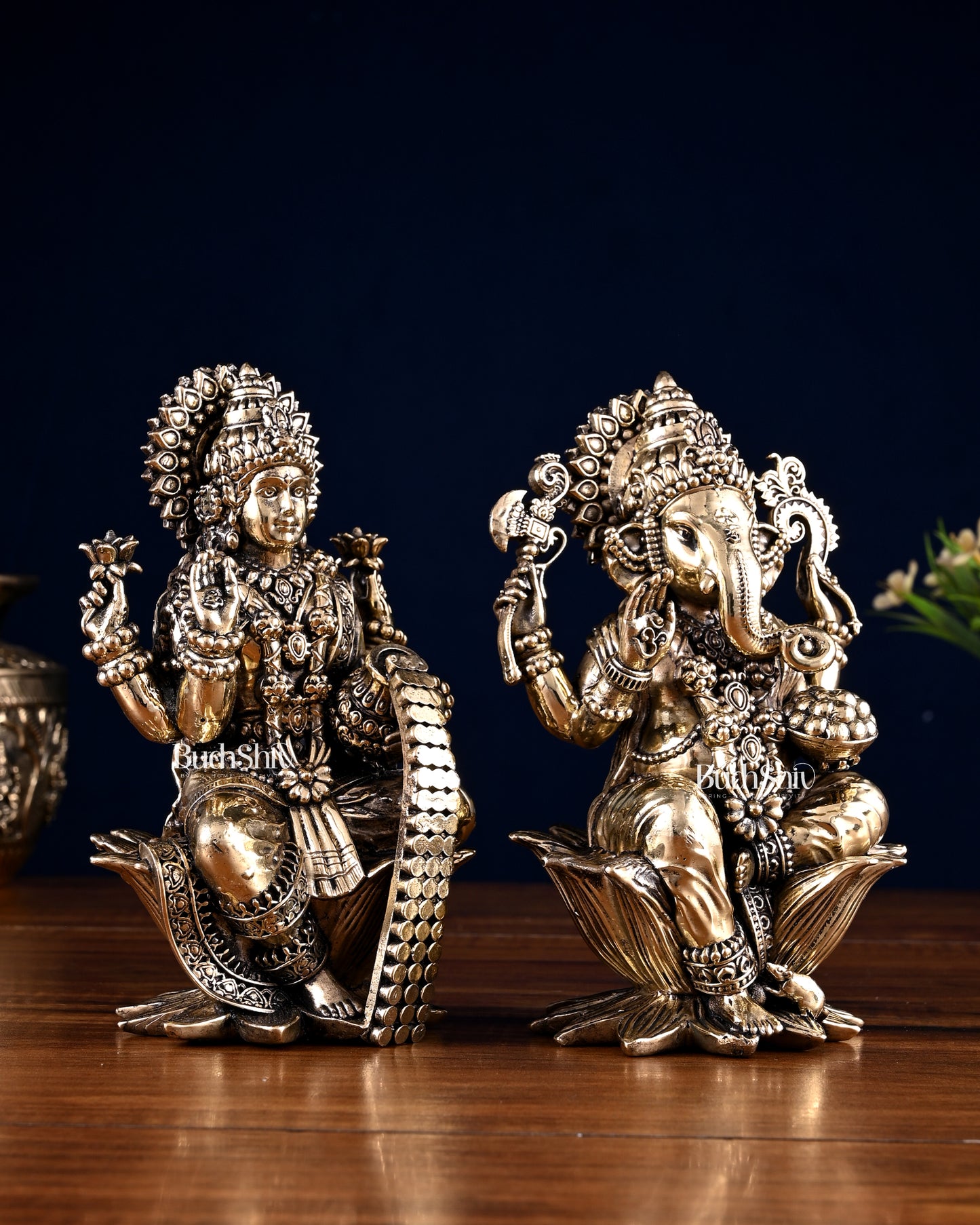 Brass Superfine Ganesha Lakshmi Idol Pair – 7 Inch