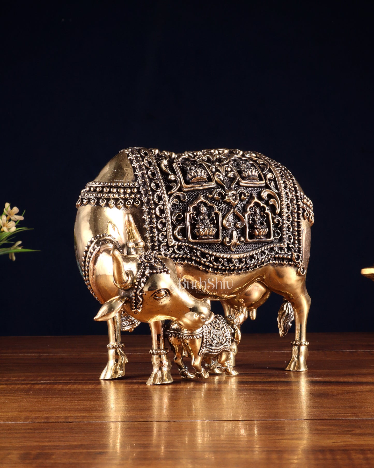 Superfine Brass Kamdhenu Cow with Calf – With Ganesha & Lakshmi Engravings 9"