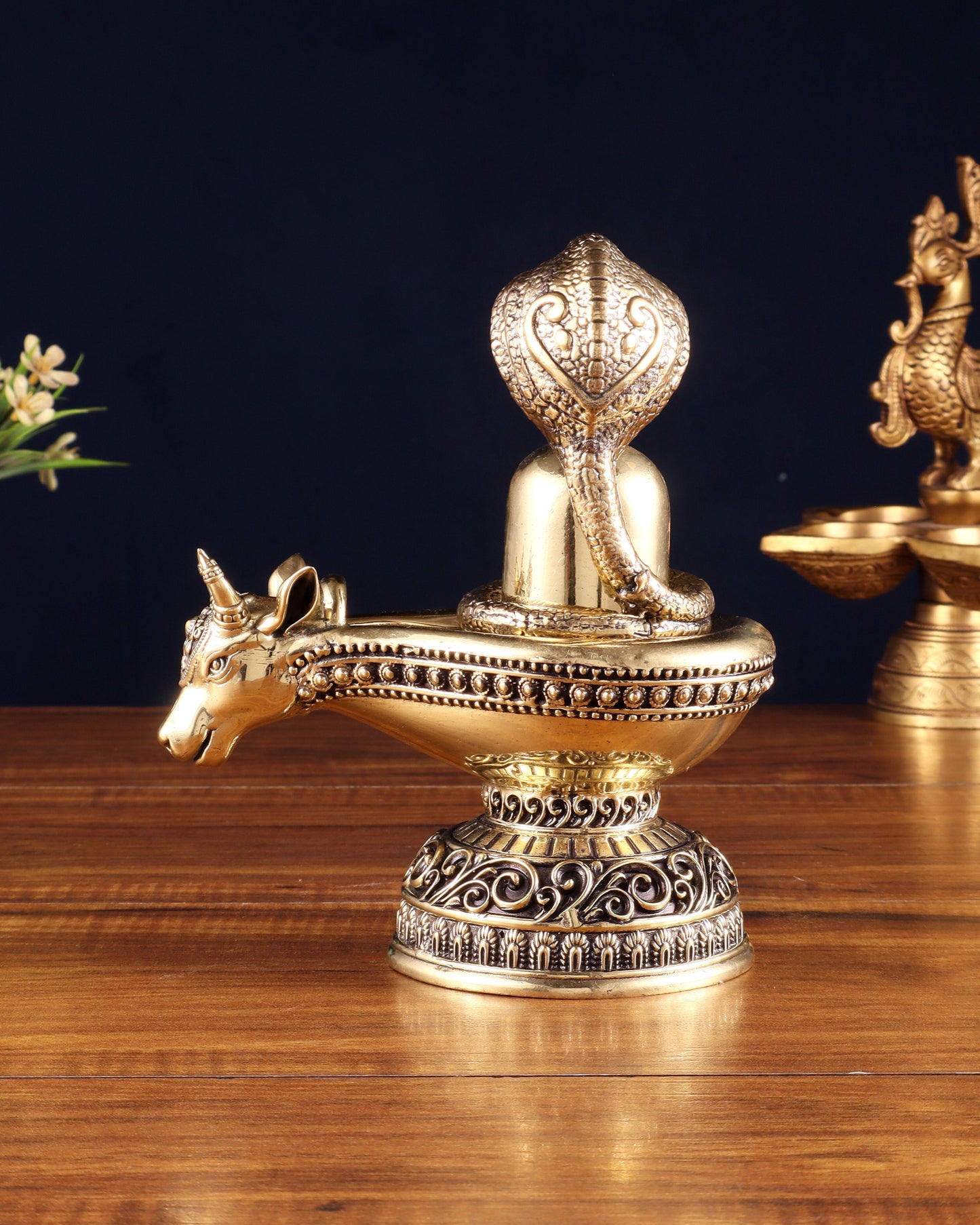 Pure Brass Superfine Shiva Ling with Nandi Face – 7.3" Height – Intricate Carving