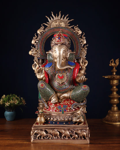 Brass Lord Ganesha Statue with Prabhavali 25 inch meenakari Stonework