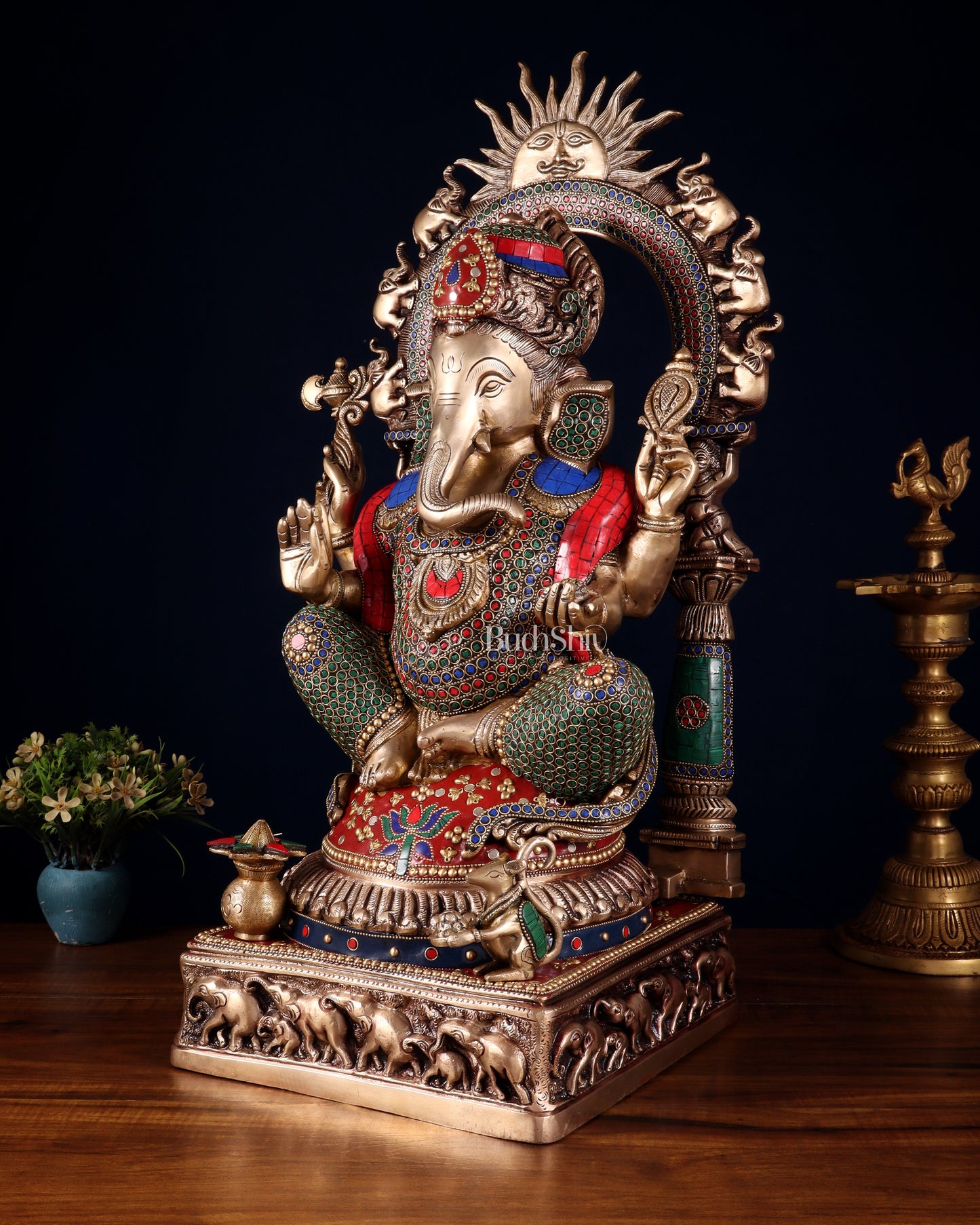 Brass Lord Ganesha Statue with Prabhavali 25 inch meenakari Stonework