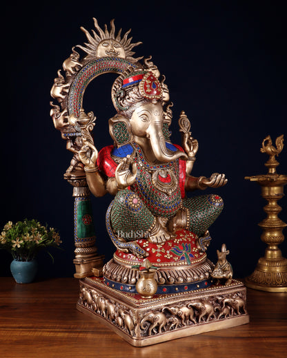 Brass Lord Ganesha Statue with Prabhavali 25 inch meenakari Stonework