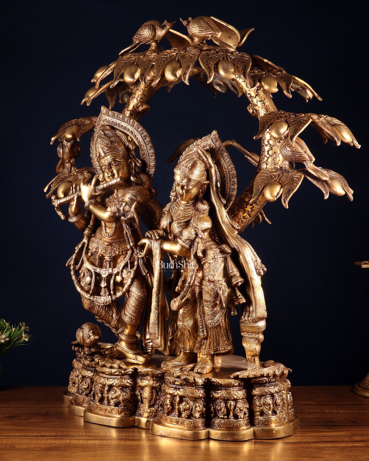 Pure Brass Large Radha Krishna Under Tree Sculpture 30"