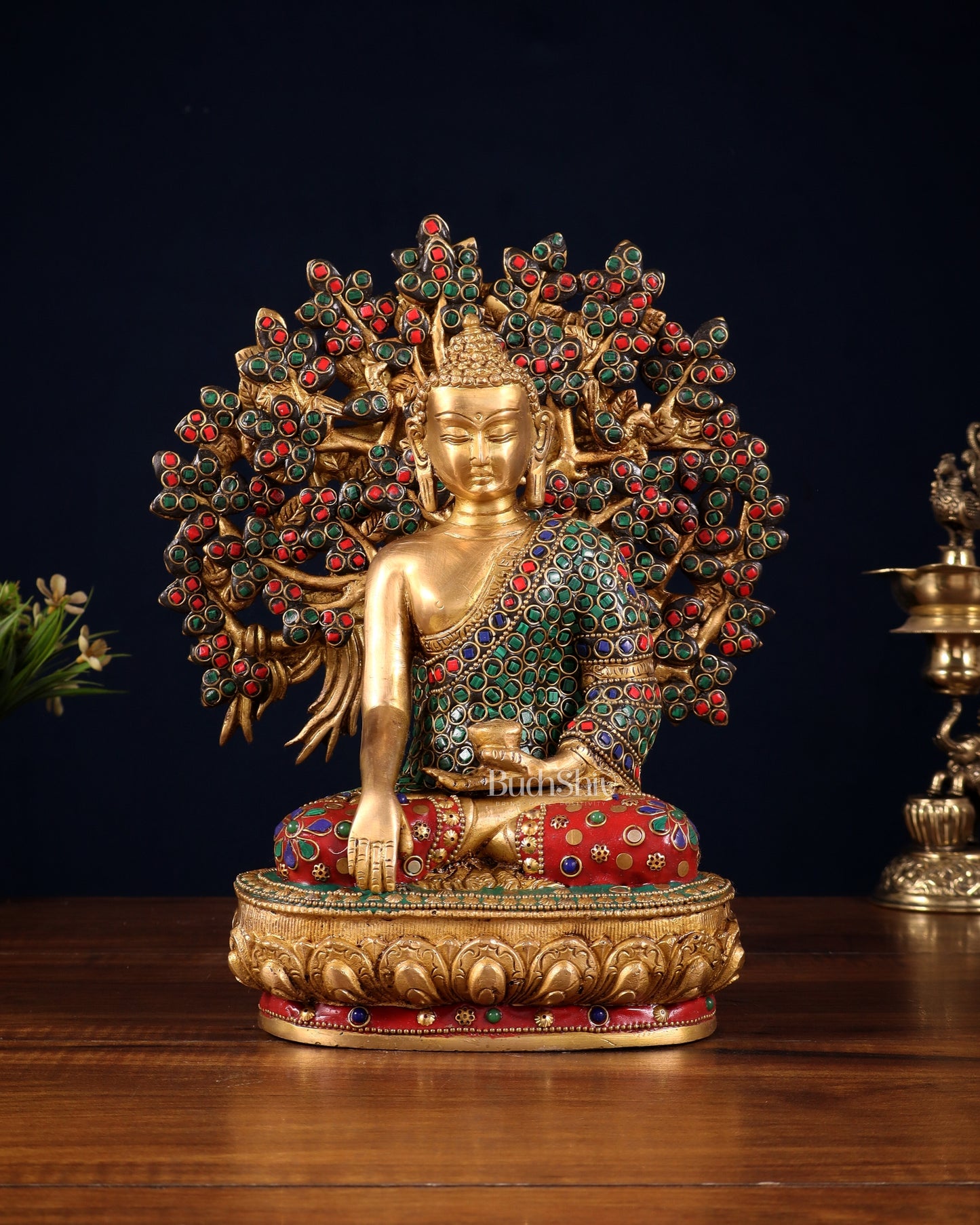 Pure Brass Buddha Statue with Kalpavriksha Tree – Stone Embellished 11"