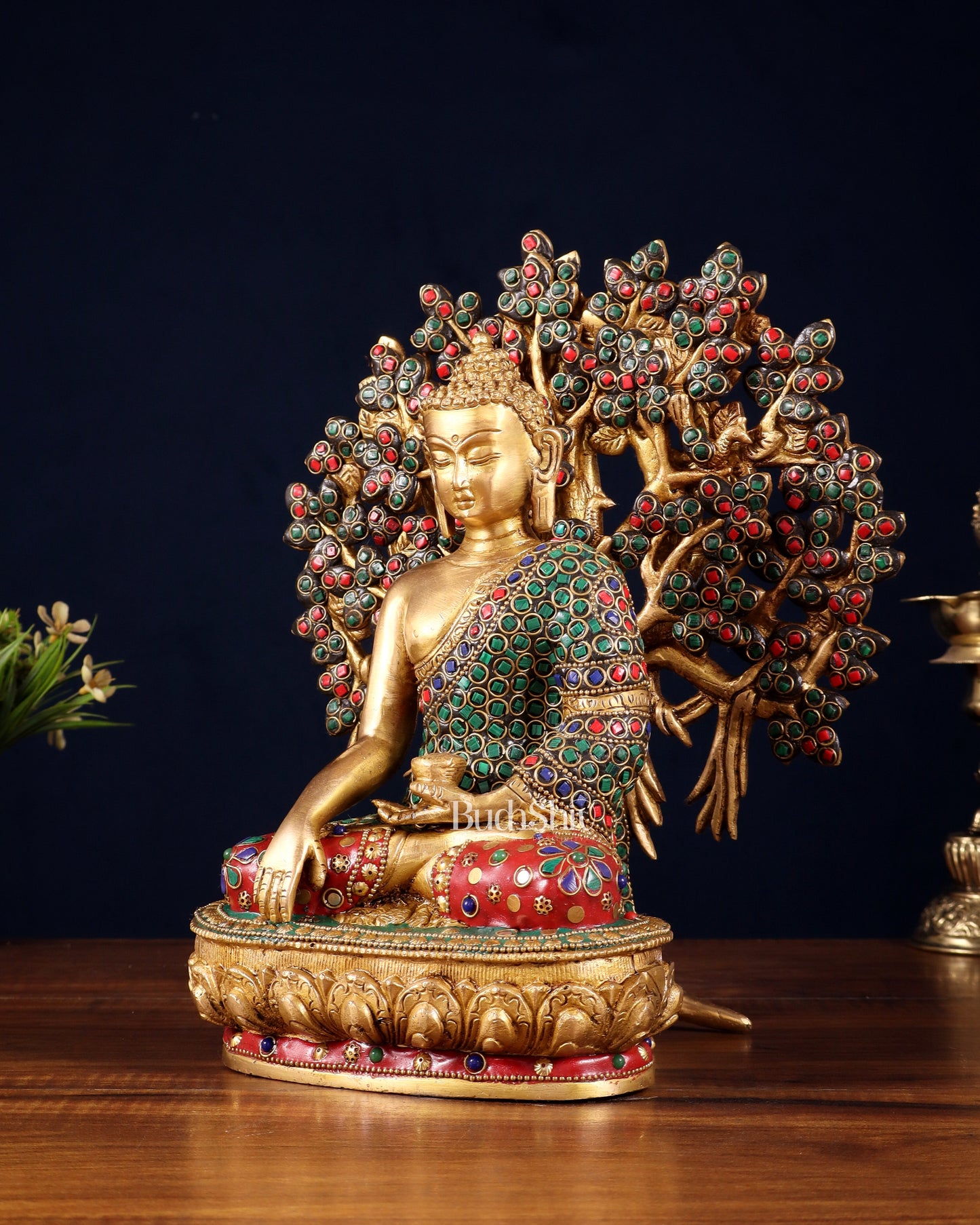 Pure Brass Buddha Statue with Kalpavriksha Tree – Stone Embellished 11"