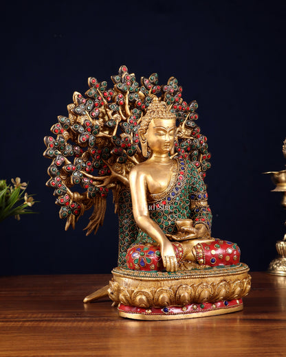 Pure Brass Buddha Statue with Kalpavriksha Tree – Stone Embellished 11"