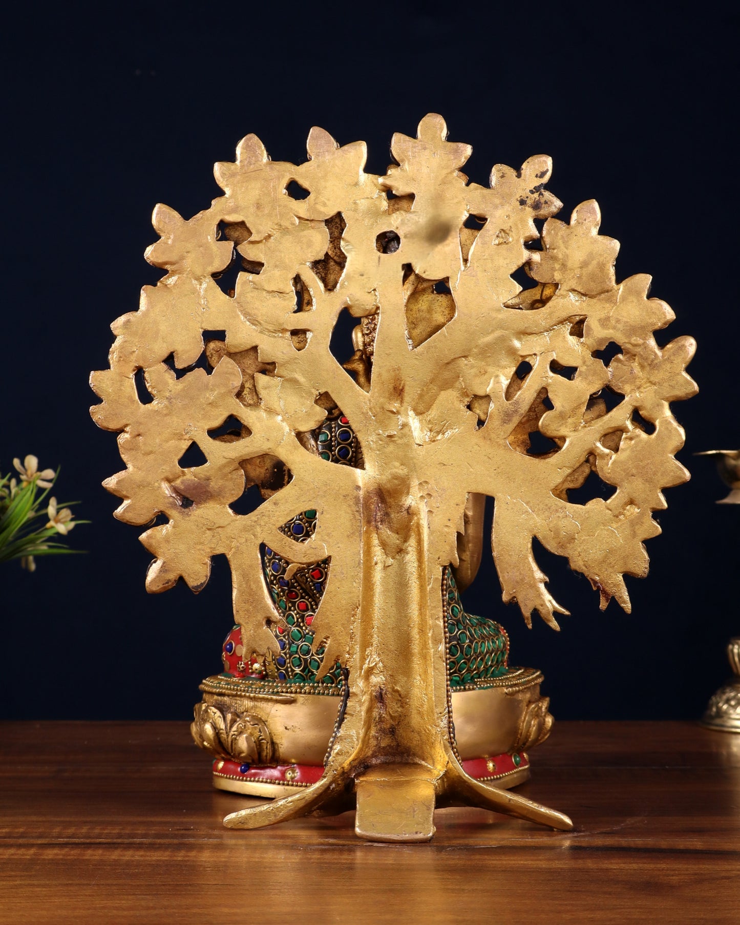 Pure Brass Buddha Statue with Kalpavriksha Tree – Stone Embellished 11"