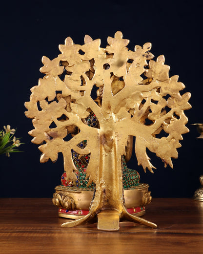 Pure Brass Buddha Statue with Kalpavriksha Tree – Stone Embellished 11"