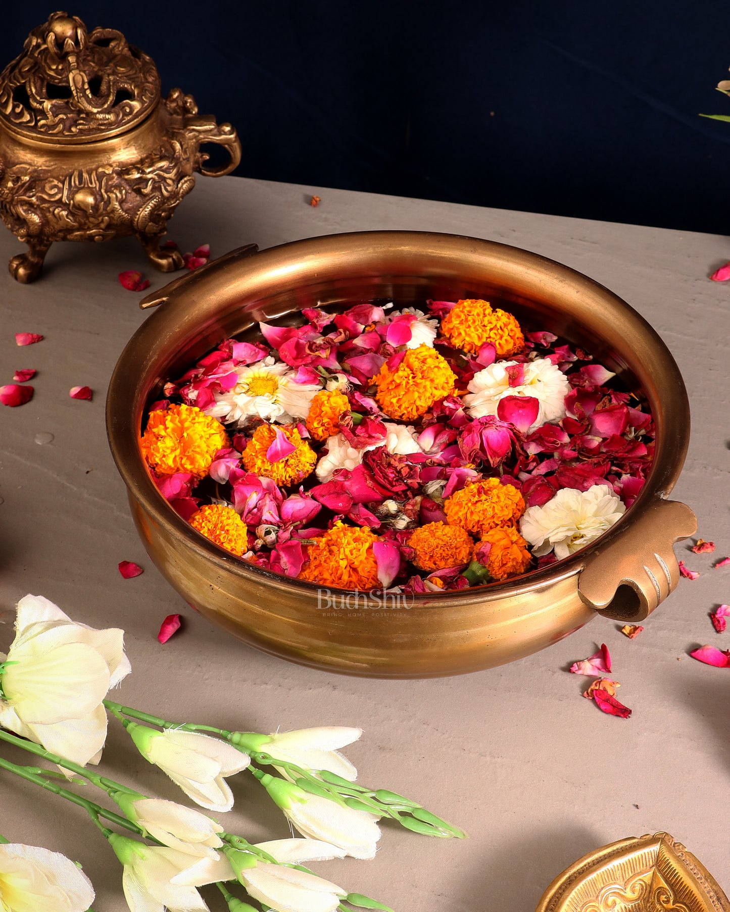 Pure Brass Large Urli Bowl – Antique Finish | 12" Wide