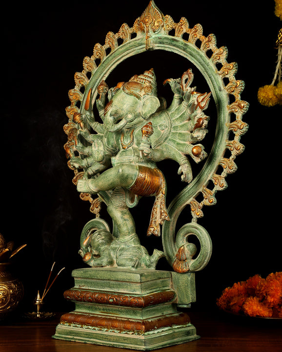 Brass Dancing Ganesha Statue - 25.5" Height, Antique Green Patina Finish