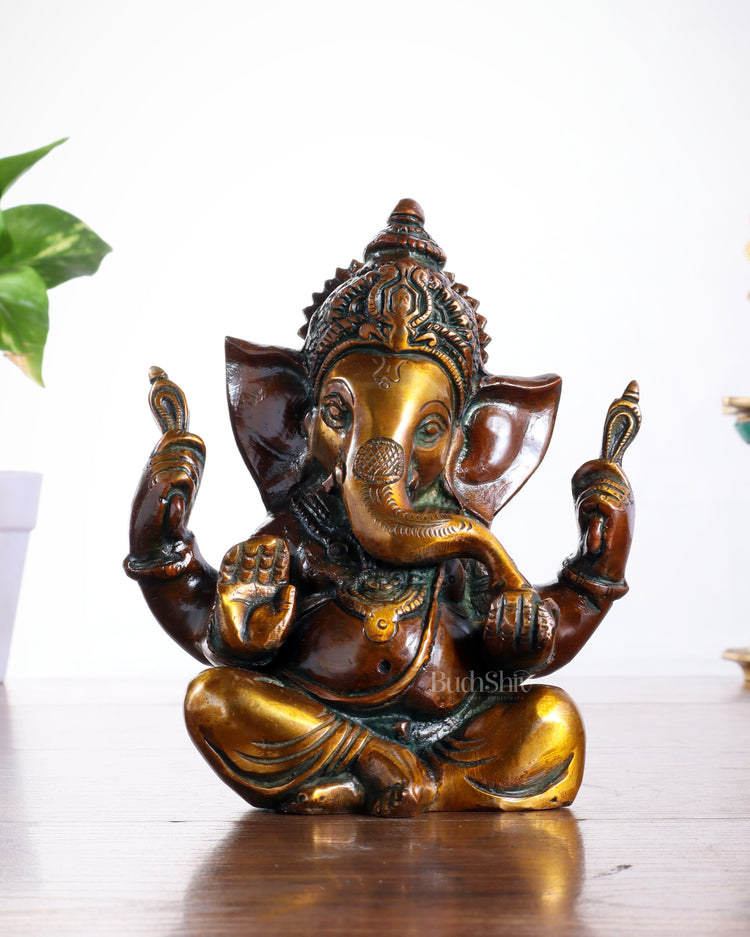 Pure brass Taj Ganesha Brass Statue with Vintage tone 6"