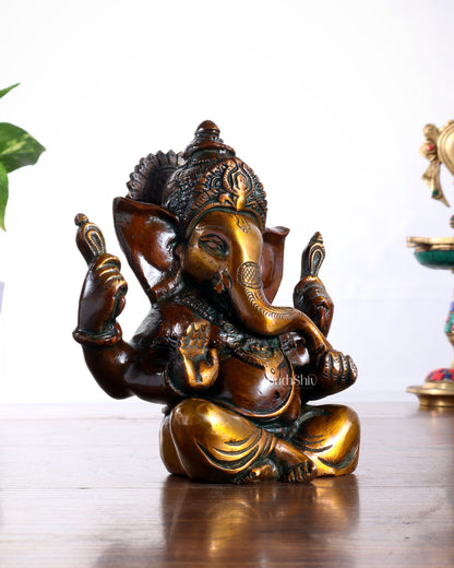 Pure brass Taj Ganesha Brass Statue with Vintage tone 6"